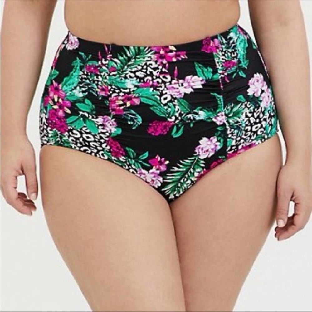 Torrid Tropical Floral and Leopard Spot High Waisted Ruched Swim Brief Size 3X